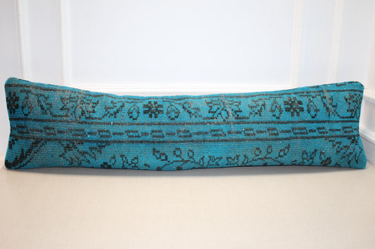 Vintage Turkish Rug Lumbar Pillow, Turquoise Kilim Bench Cushion, Long Boho Bolster,Teal BlueSofa