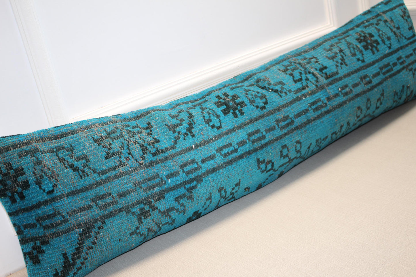 Vintage Turkish Rug Lumbar Pillow, Turquoise Kilim Bench Cushion, Long Boho Bolster,Teal BlueSofa