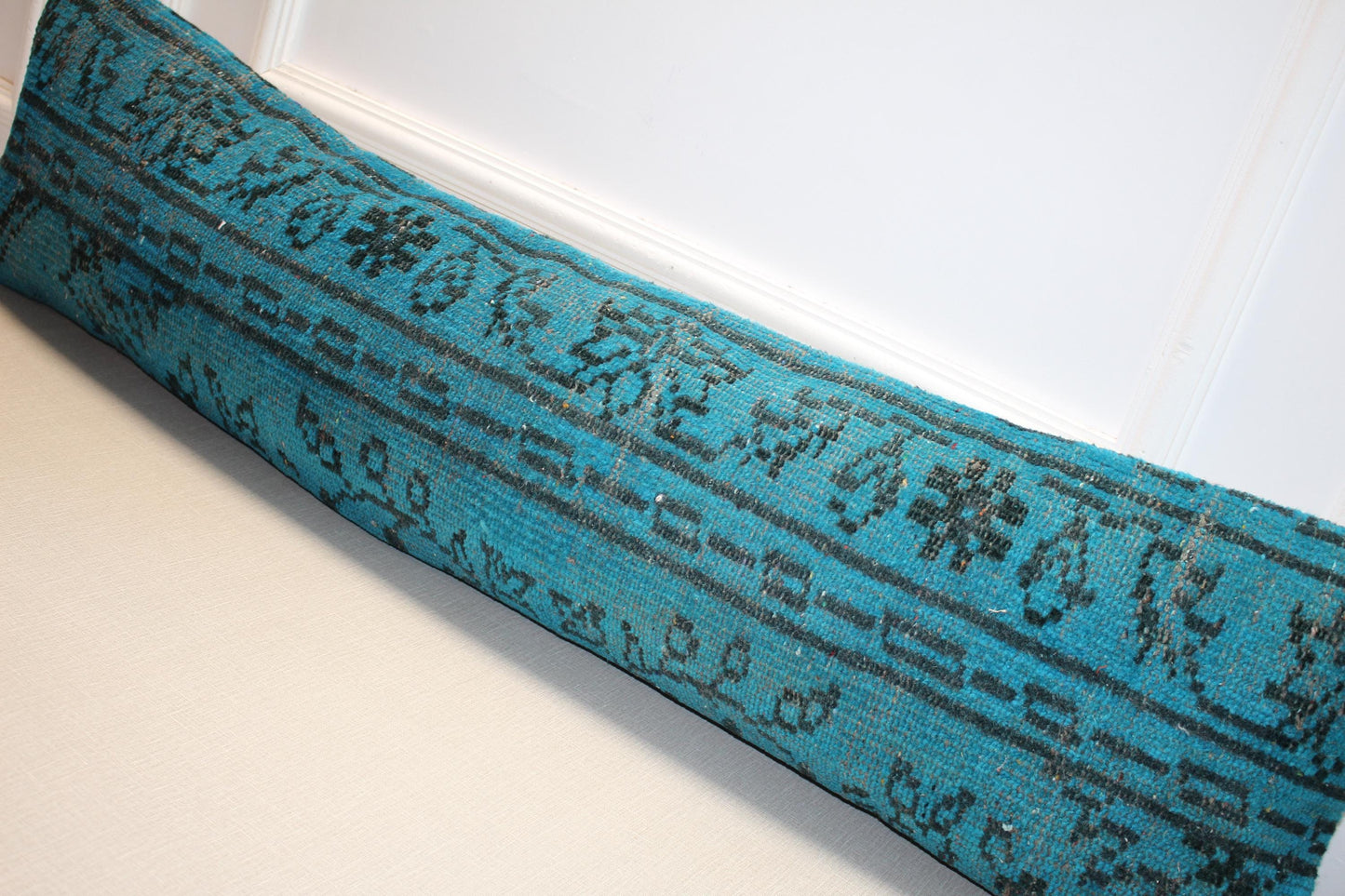 Vintage Turkish Rug Lumbar Pillow, Turquoise Kilim Bench Cushion, Long Boho Bolster,Teal BlueSofa