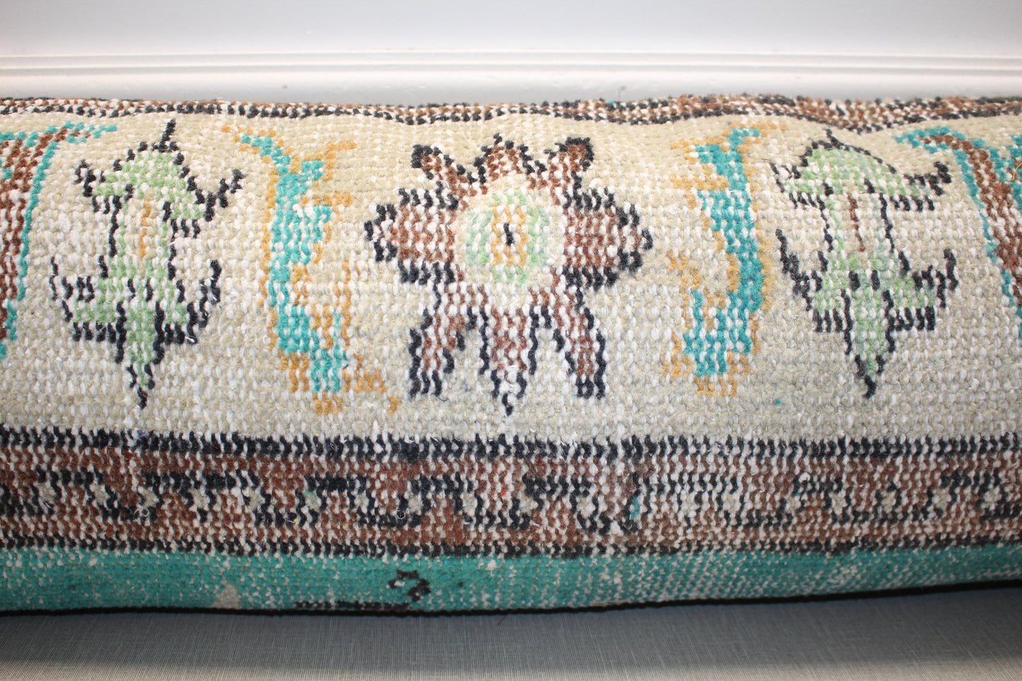 Vintage Turkish Rug Lumbar Pillow, Mint Floral Kilim Bench Cushion, LongBoho Bolster, Cream Turquoise