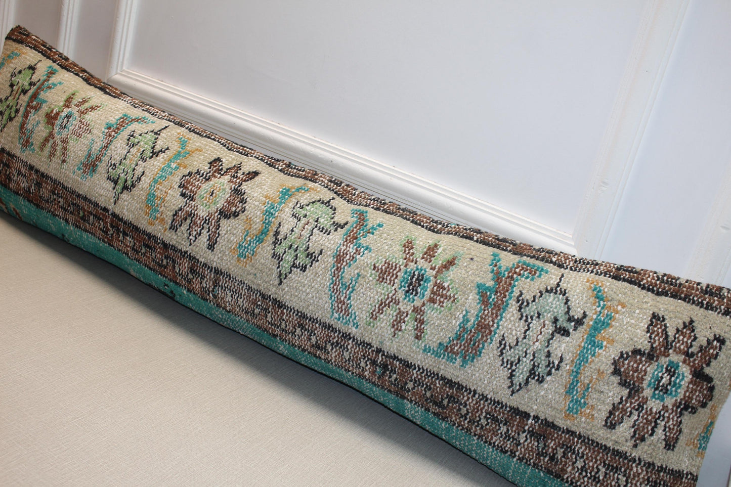 Vintage Turkish Rug Lumbar Pillow, Mint Floral Kilim Bench Cushion, LongBoho Bolster, Cream Turquoise