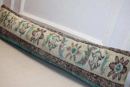 Vintage Turkish Rug Lumbar Pillow, Mint Floral Kilim Bench Cushion, LongBoho Bolster, Cream Turquoise