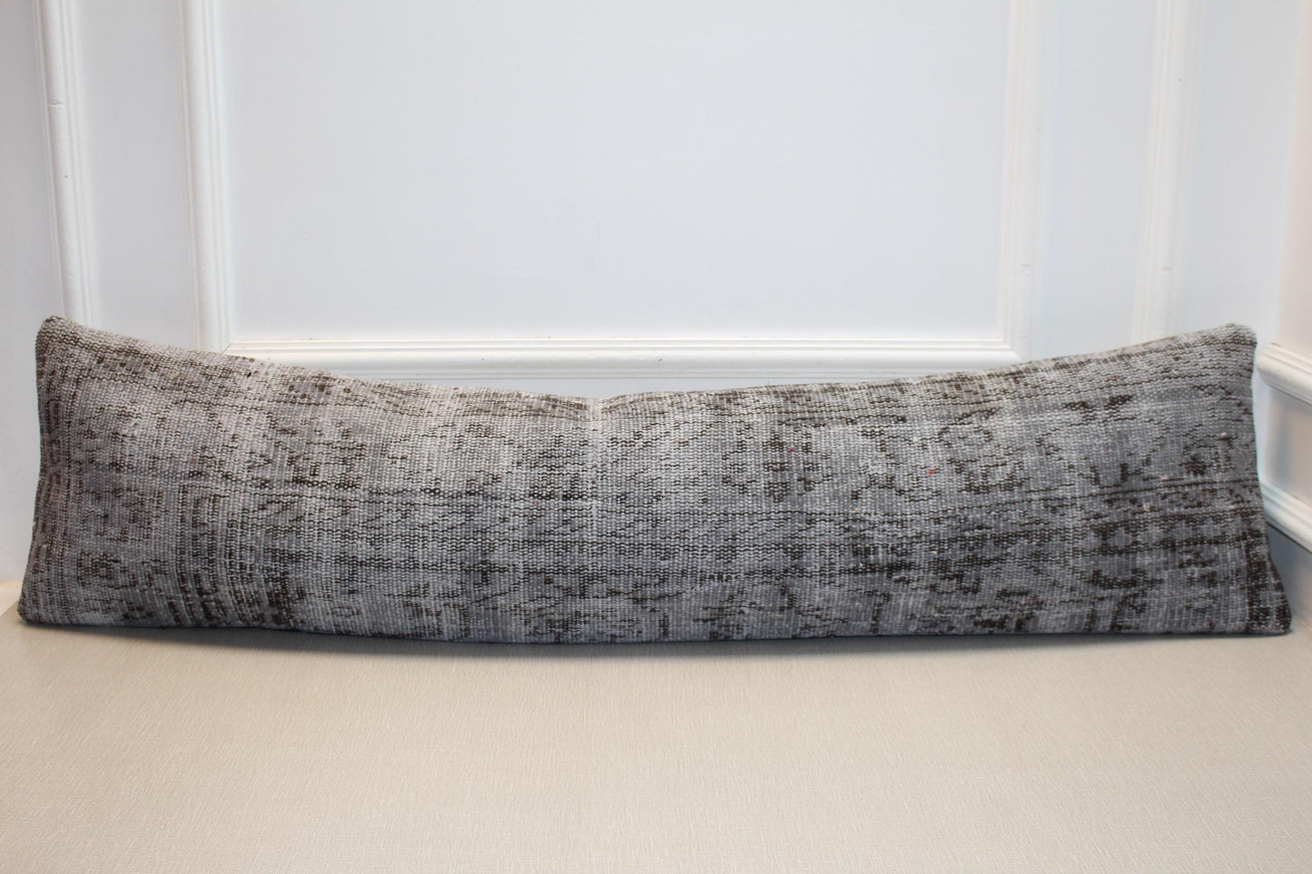 Vintage Turkish Rug Lumbar Pillow, Gray Kilim Bench Cushion, Long Boho Bolster, Charcoal SmokeSofa