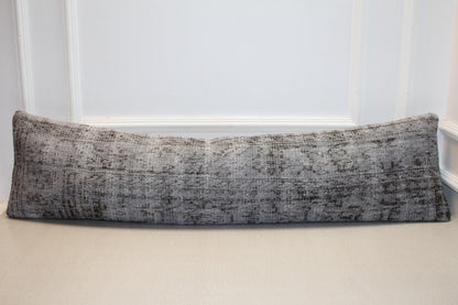 Vintage Turkish Rug Lumbar Pillow, Gray Kilim Bench Cushion, Long Boho Bolster, Charcoal SmokeSofa