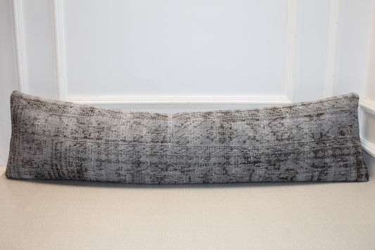 Vintage Turkish Rug Lumbar Pillow, Gray Kilim Bench Cushion, Long Boho Bolster, Charcoal SmokeSofa
