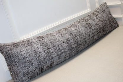 Vintage Turkish Rug Lumbar Pillow, Gray Kilim Bench Cushion, Long Boho Bolster, Charcoal SmokeSofa