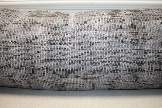 Vintage Turkish Rug Lumbar Pillow, Gray Kilim Bench Cushion, Long Boho Bolster, Charcoal SmokeSofa
