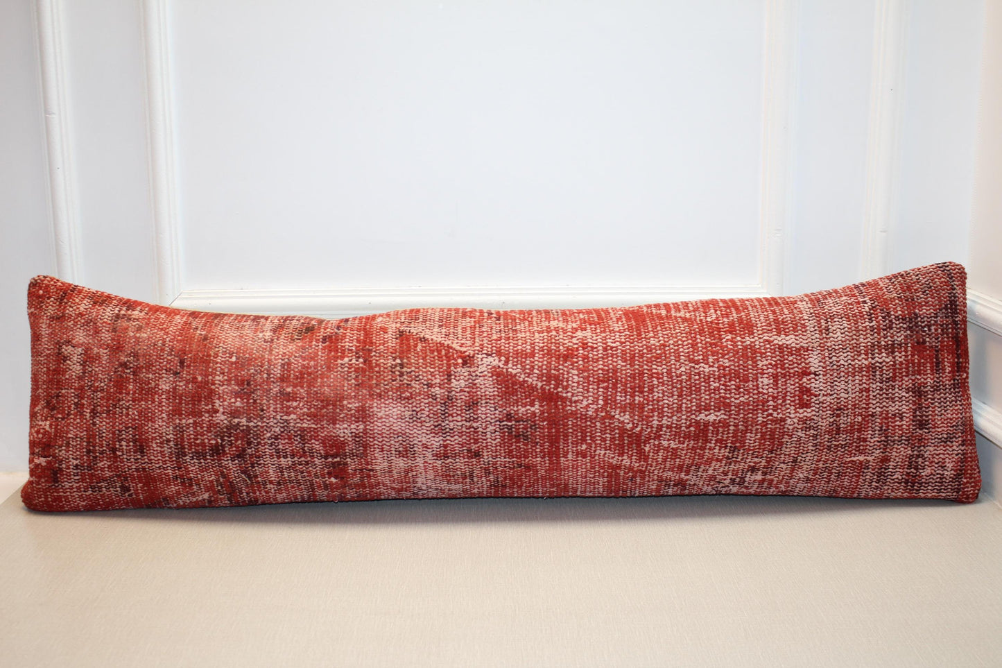 Vintage Turkish Rug Lumbar Pillow, Rust Red Kilim Bench Cushion, Long Boho Bolster, TerracottaSofa