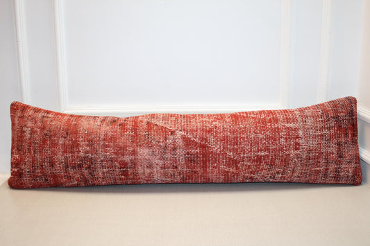 Vintage Turkish Rug Lumbar Pillow, Rust Red Kilim Bench Cushion, Long Boho Bolster, TerracottaSofa