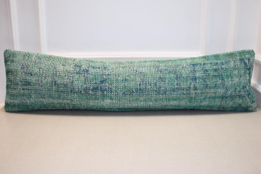 Vintage Turkish Rug Lumbar Pillow, Aqua Mint Kilim Bench Cushion, Long Boho BolsterSofa Decor