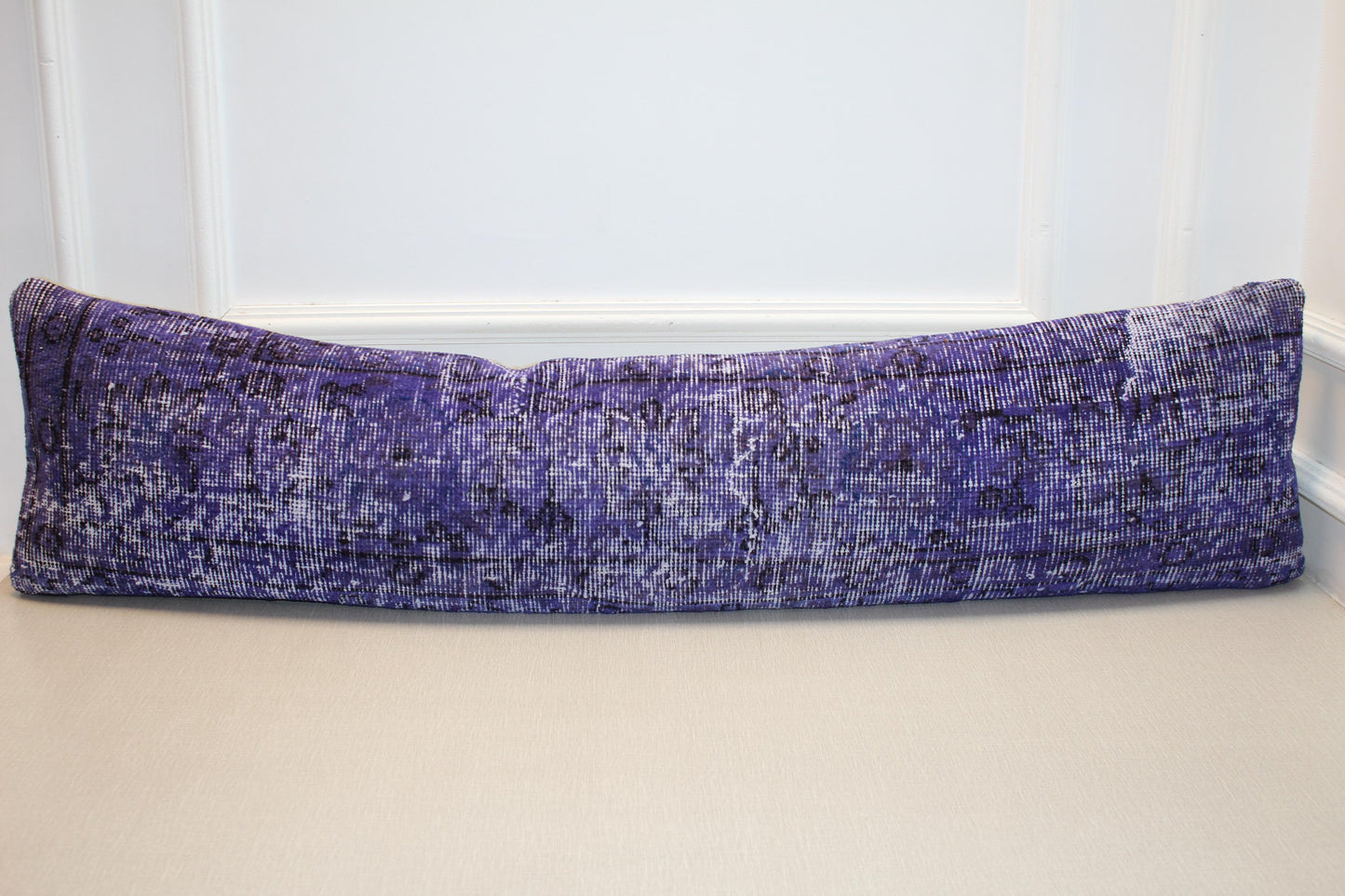 Vintage Turkish Rug Lumbar Pillow, Purple Kilim Bench Cushion, Long Boho Bolster, Indigo Lavender