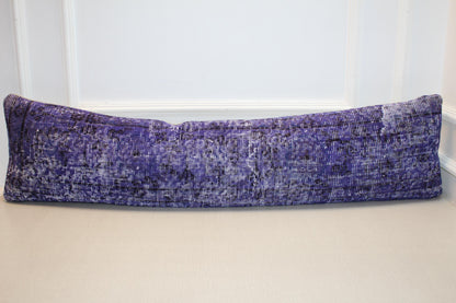 Vintage Turkish Rug Lumbar Pillow, Purple Kilim Bench Cushion, Long Boho Bolster, Indigo Lavender