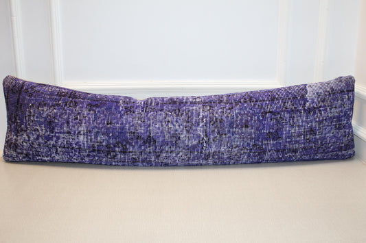 Vintage Turkish Rug Lumbar Pillow, Purple Kilim Bench Cushion, Long Boho Bolster, Indigo Lavender