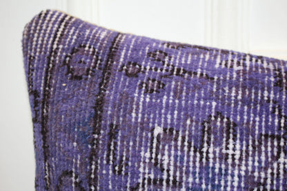 Vintage Turkish Rug Lumbar Pillow, Purple Kilim Bench Cushion, Long Boho Bolster, Indigo Lavender