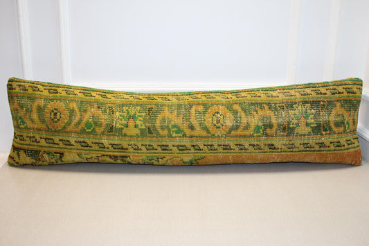 Vintage Turkish Rug Lumbar Pillow Cover, Yellow Green Kilim Cushion, Boho Sofa Decor, LongThrow
