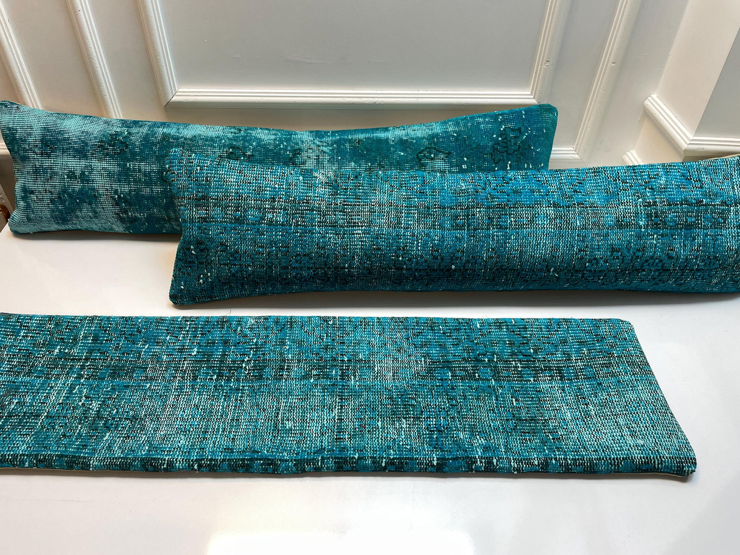 3-Piece Turquoise Turkish Kilim Lumbar Pillow Set – Upcycled Boho Decor (12x48)