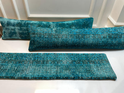 3-Piece Turquoise Turkish Kilim Lumbar Pillow Set – Upcycled Boho Decor (12x48)