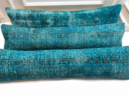 3-Piece Turquoise Turkish Kilim Lumbar Pillow Set – Upcycled Boho Decor (12x48)
