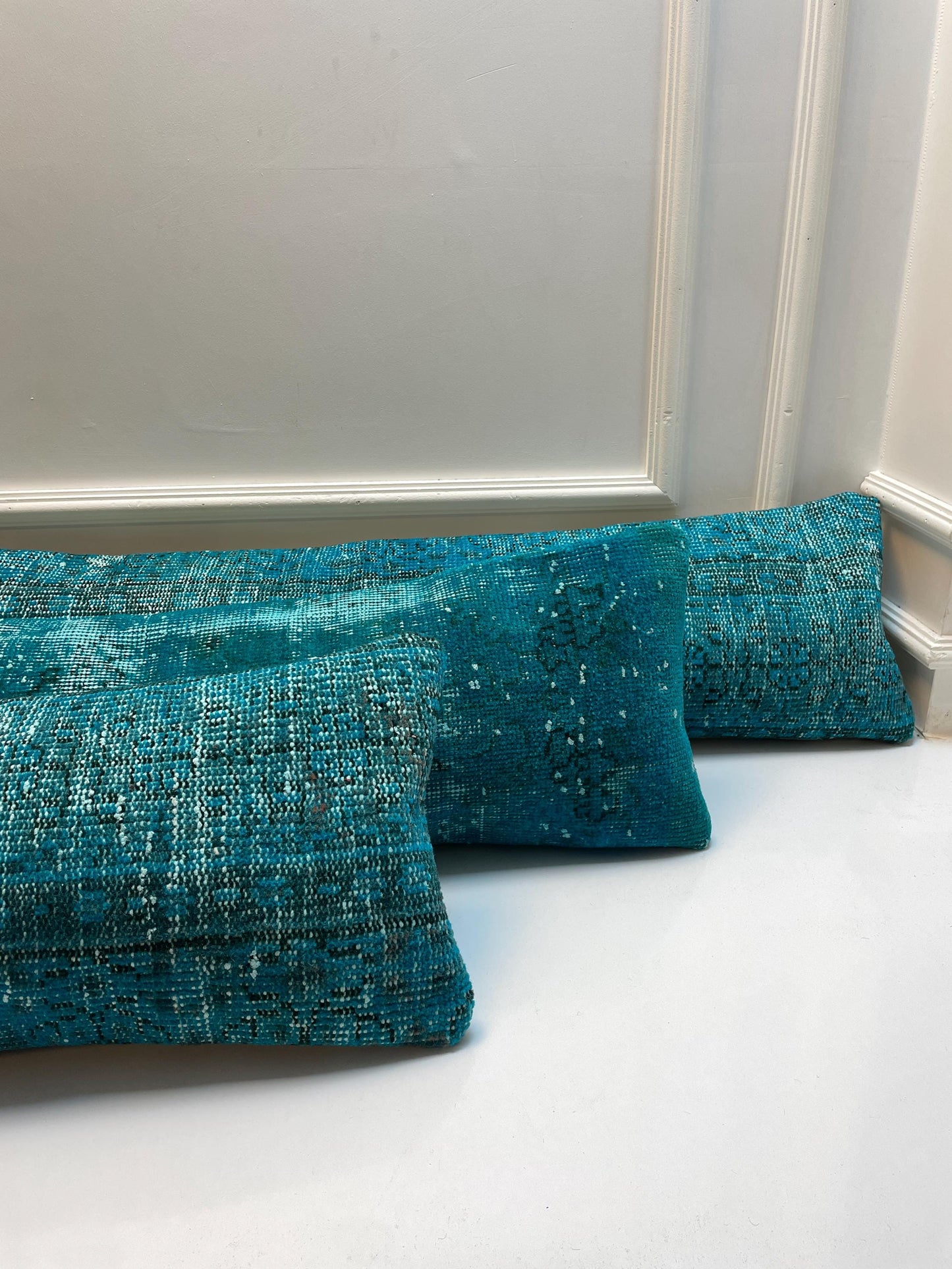 3-Piece Turquoise Turkish Kilim Lumbar Pillow Set – Upcycled Boho Decor (12x48)