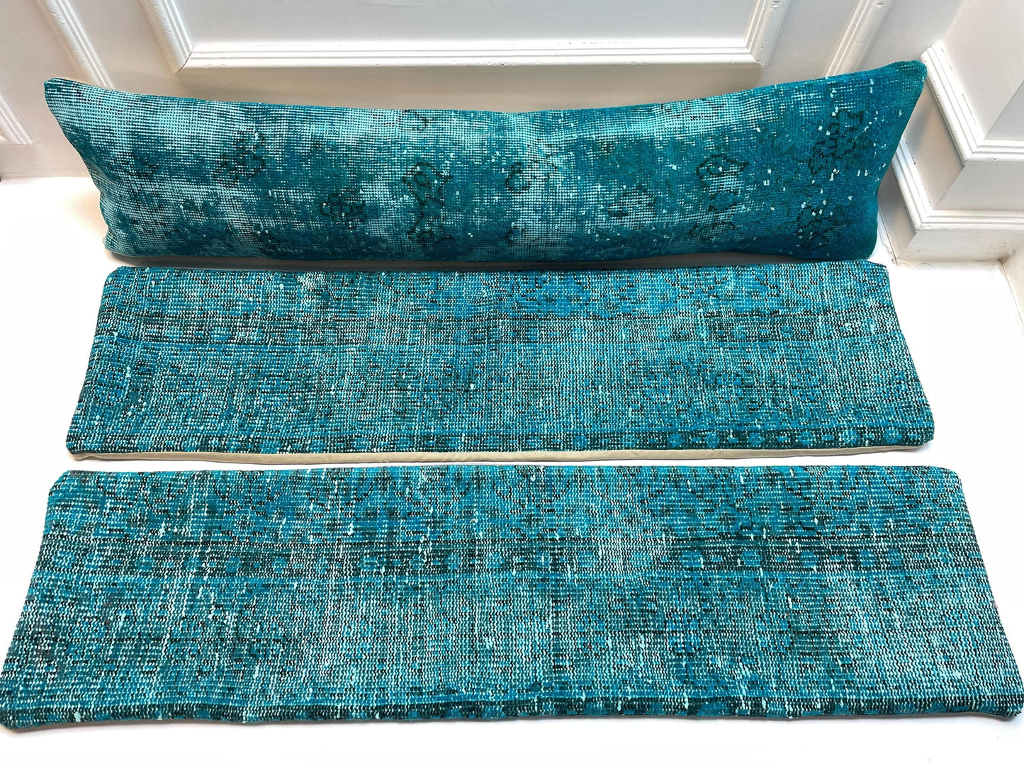 3-Piece Turquoise Turkish Kilim Lumbar Pillow Set – Upcycled Boho Decor (12x48)