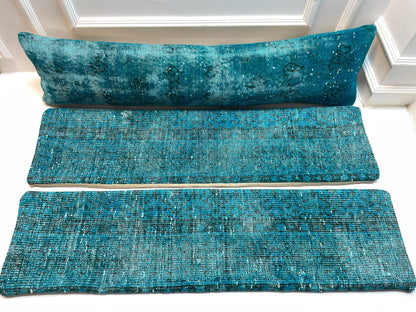 3-Piece Turquoise Turkish Kilim Lumbar Pillow Set – Upcycled Boho Decor (12x48)