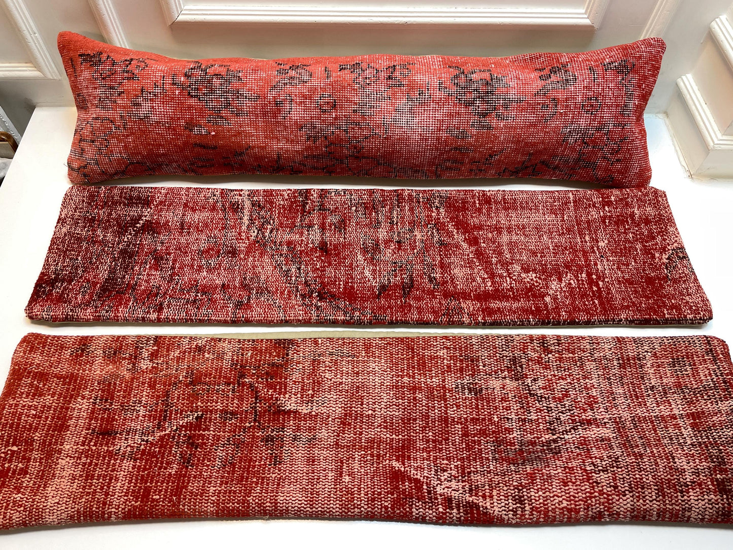 Red Turkish Kilim Lumbar Pillow Set – Upcycled Boho Rug Cushions, 12x48