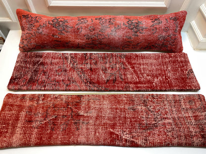Red Turkish Kilim Lumbar Pillow Set – Upcycled Boho Rug Cushions, 12x48