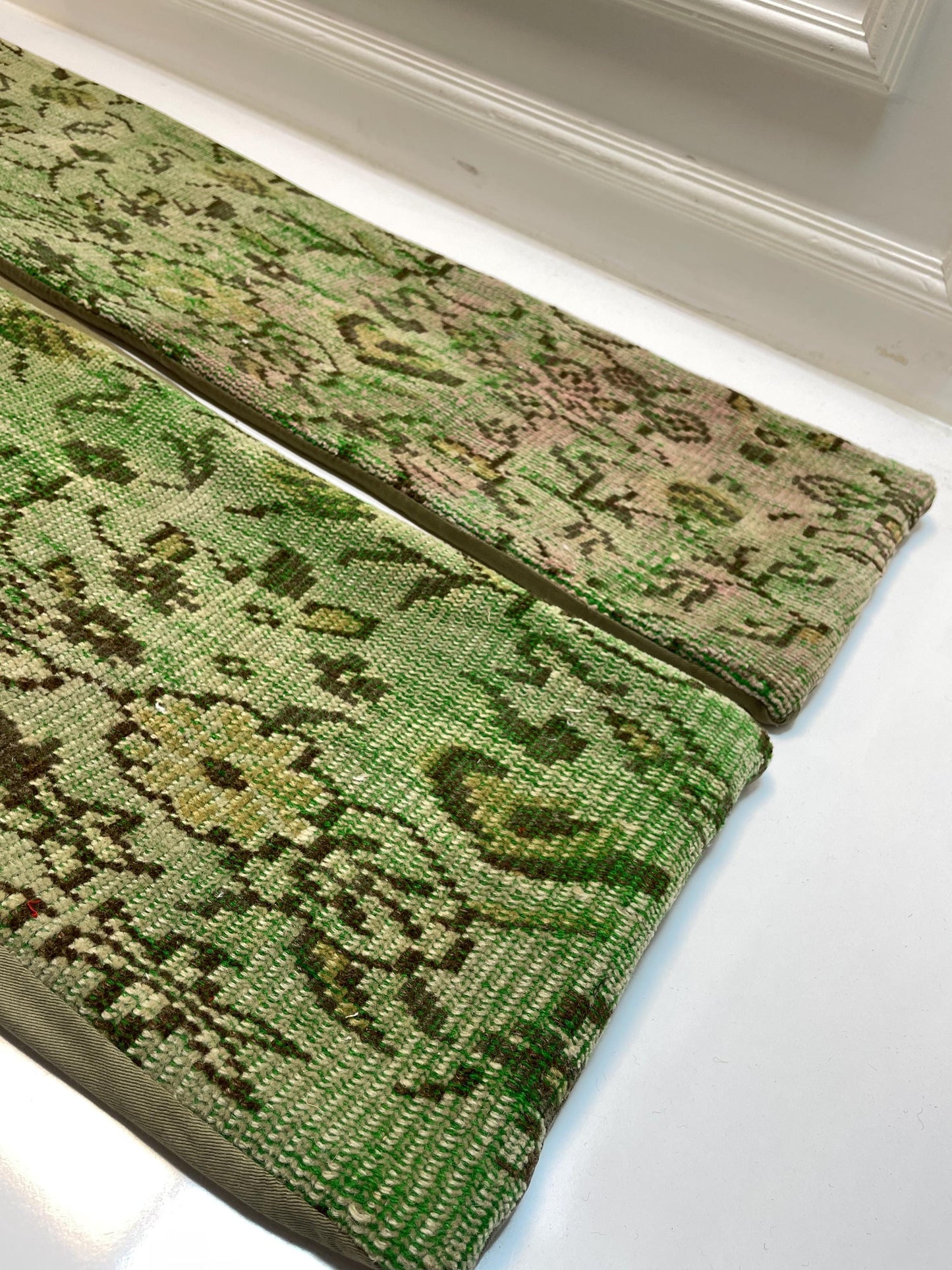 Set of 2 -Vintage Turkish Kilim Lumbar Pillow Set – Green Boho Rug Cushions (12x48)
