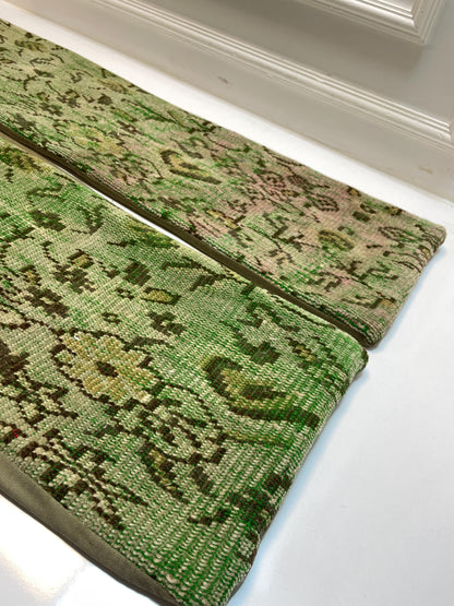 Set of 2 -Vintage Turkish Kilim Lumbar Pillow Set – Green Boho Rug Cushions (12x48)