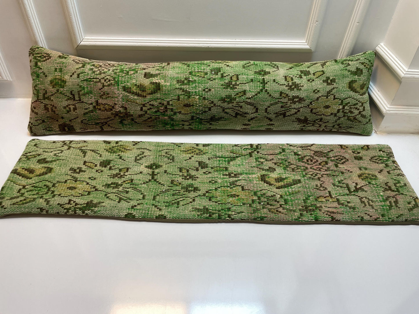 Set of 2 -Vintage Turkish Kilim Lumbar Pillow Set – Green Boho Rug Cushions (12x48)