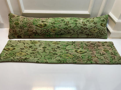 Set of 2 -Vintage Turkish Kilim Lumbar Pillow Set – Green Boho Rug Cushions (12x48)