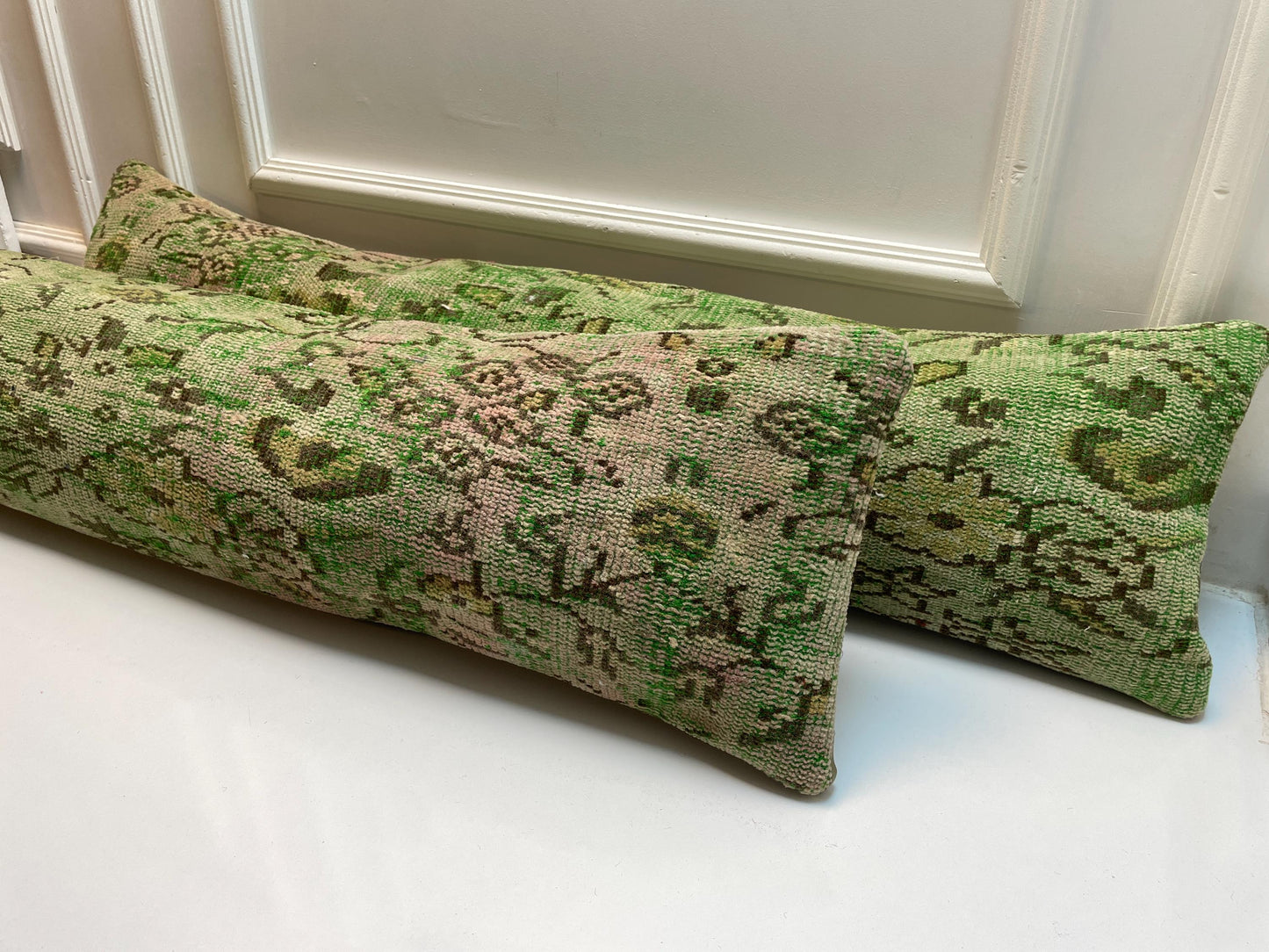 Set of 2 -Vintage Turkish Kilim Lumbar Pillow Set – Green Boho Rug Cushions (12x48)