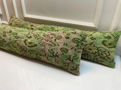 Set of 2 -Vintage Turkish Kilim Lumbar Pillow Set – Green Boho Rug Cushions (12x48)