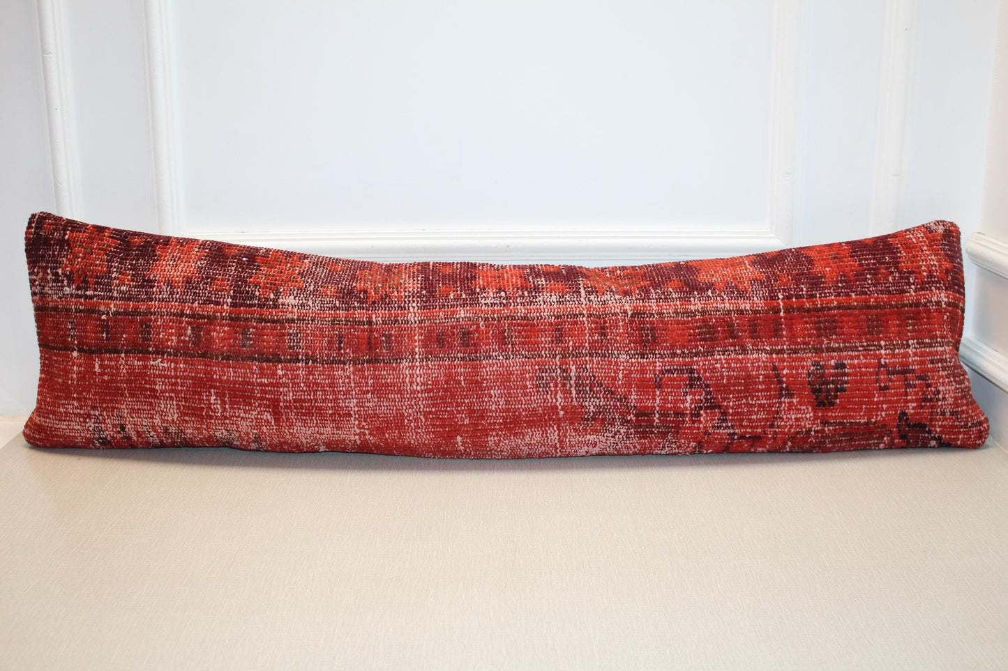 Red Turkish Kilim Lumbar Pillow Cover – Upcycled Boho Rug (12x48)