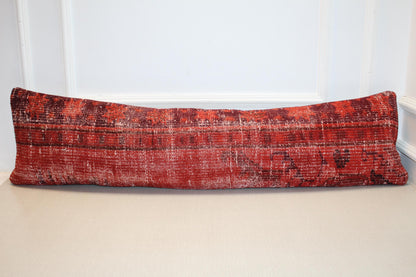 Red Turkish Kilim Lumbar Pillow Cover – Upcycled Boho Rug (12x48)
