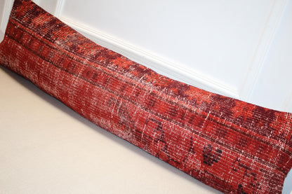 Red Turkish Kilim Lumbar Pillow Cover – Upcycled Boho Rug (12x48)