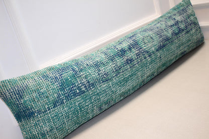 Turquoise Kilim Lumbar Pillow Cover – Upcycled Woven Rug, Boho (12x48)