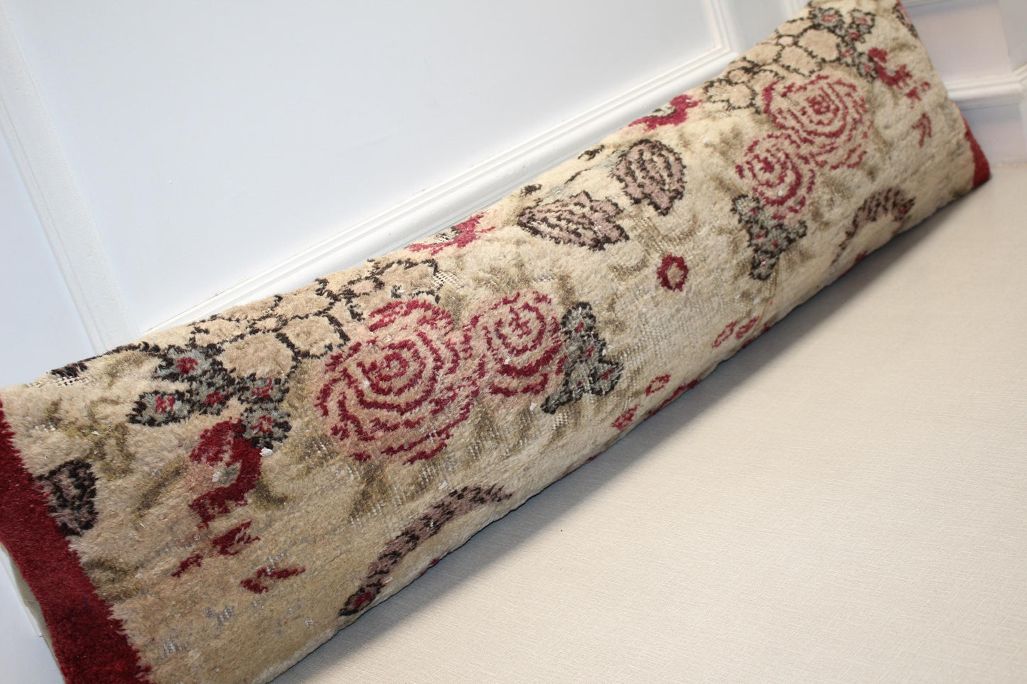 Floral Kilim Lumbar Pillow Cover – Cream & Red Vintage Turkish Rug (12x48)