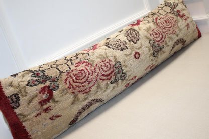 Floral Kilim Lumbar Pillow Cover – Cream & Red Vintage Turkish Rug (12x48)