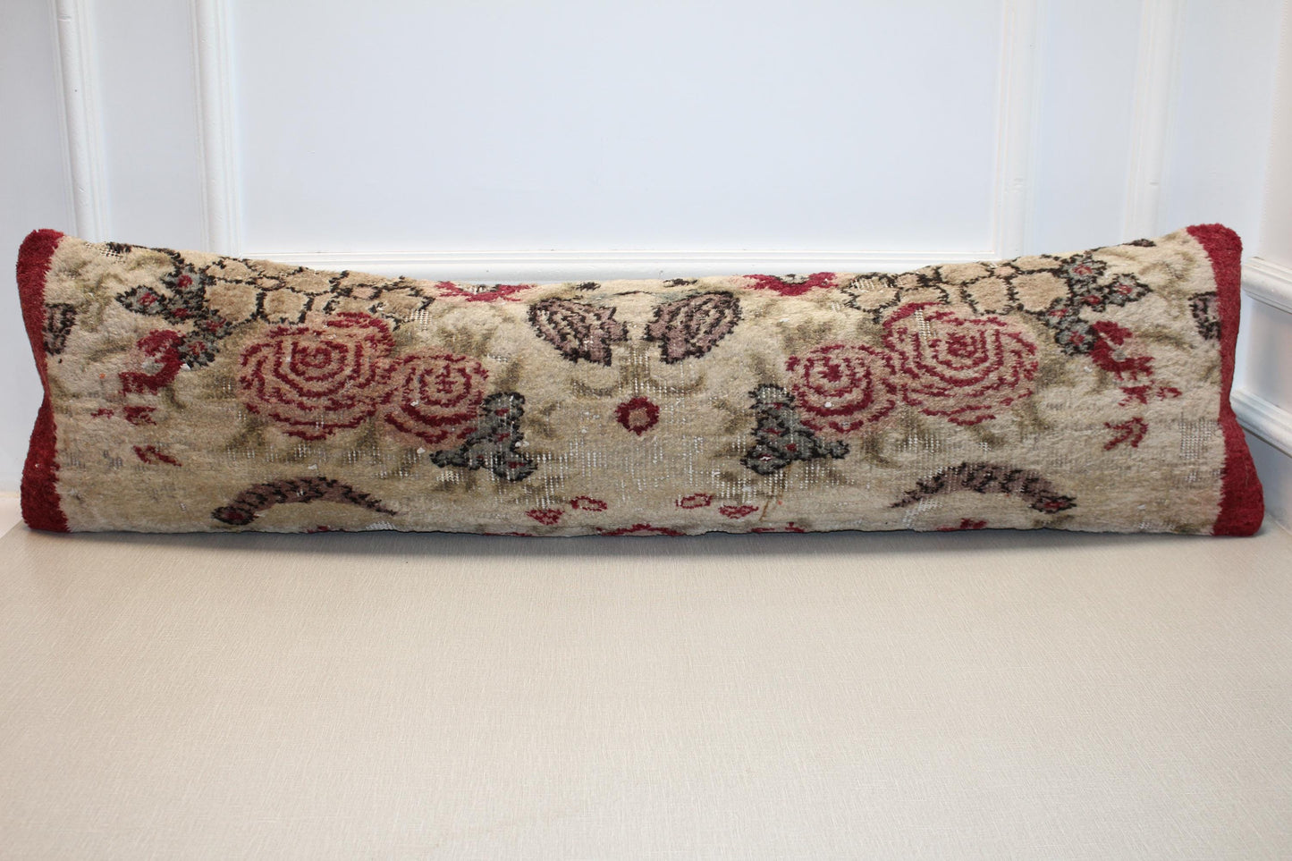 Floral Kilim Lumbar Pillow Cover – Cream & Red Vintage Turkish Rug (12x48)