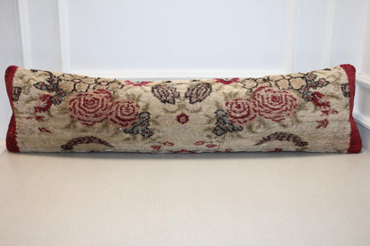 Floral Kilim Lumbar Pillow Cover – Cream & Red Vintage Turkish Rug (12x48)