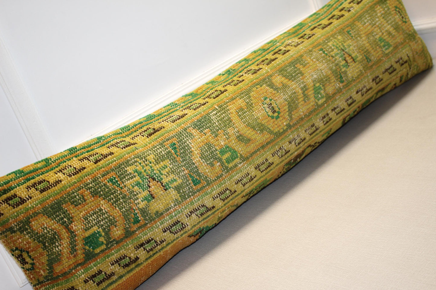 Vintage Turkish Kilim Lumbar Pillow Cover – Yellow Green Boho Rug Cushion (12x48)