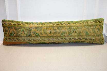 Vintage Turkish Kilim Lumbar Pillow Cover – Yellow Green Boho Rug Cushion (12x48)