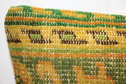 Vintage Turkish Kilim Lumbar Pillow Cover – Yellow Green Boho Rug Cushion (12x48)
