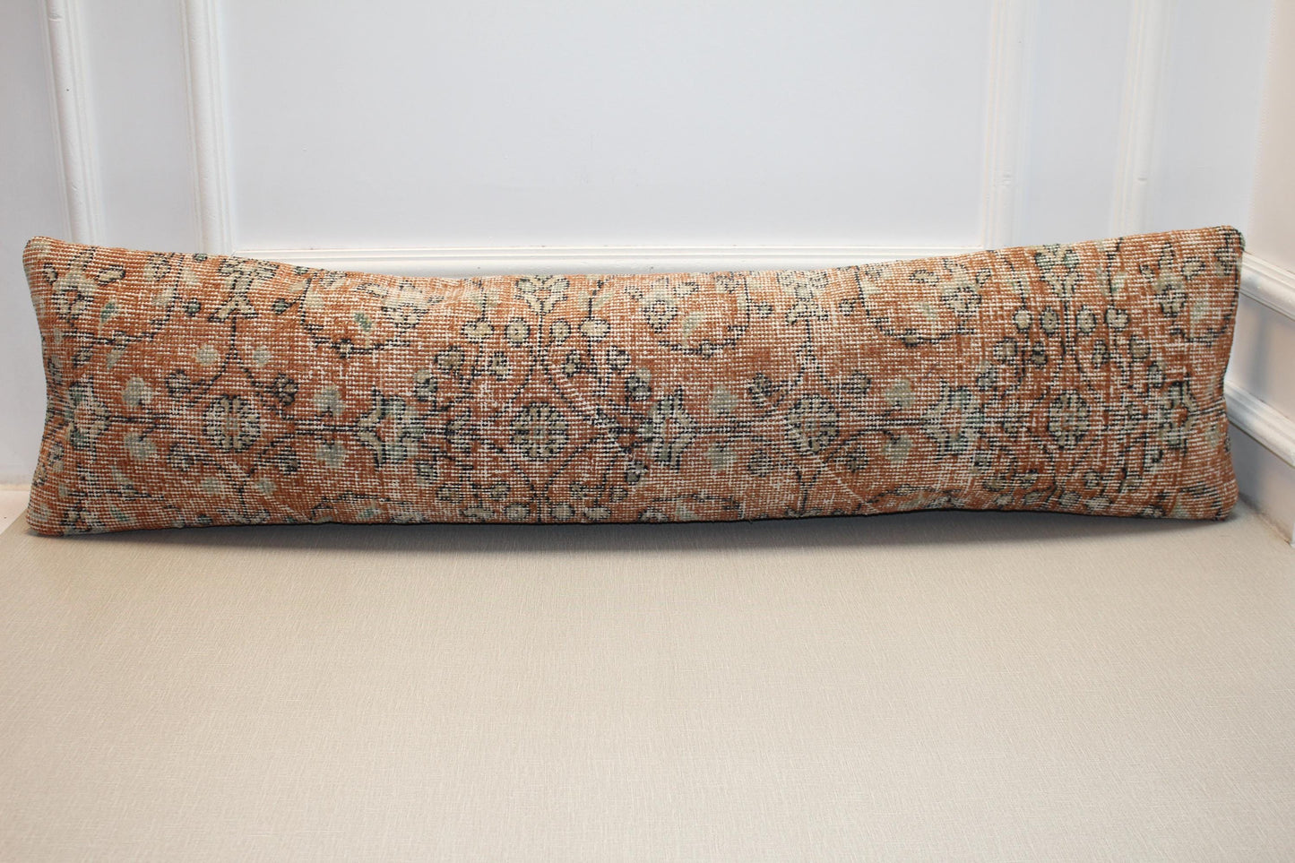 Vintage Turkish Kilim Lumbar Pillow Cover – Boho Floral Rug Cushion (12x48)