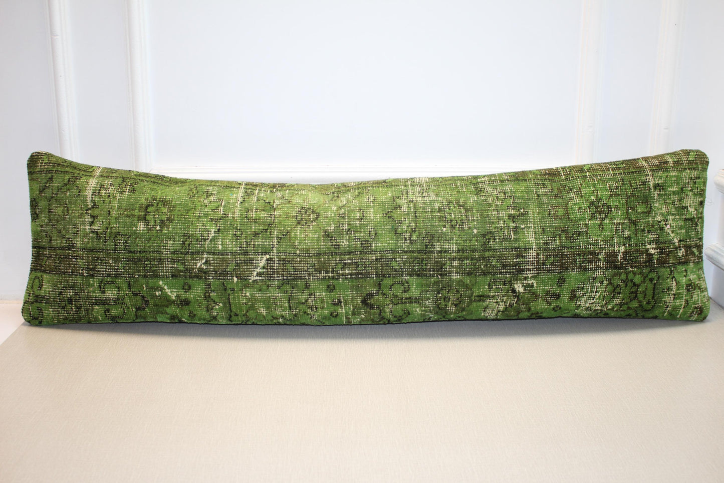 Handmade Green Turkish Kilim Lumbar Pillow Cover – Upcycled Rug, Boho Cushion (12x48)