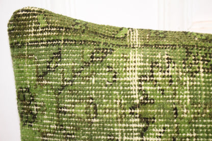 Handmade Green Turkish Kilim Lumbar Pillow Cover – Upcycled Rug, Boho Cushion (12x48)