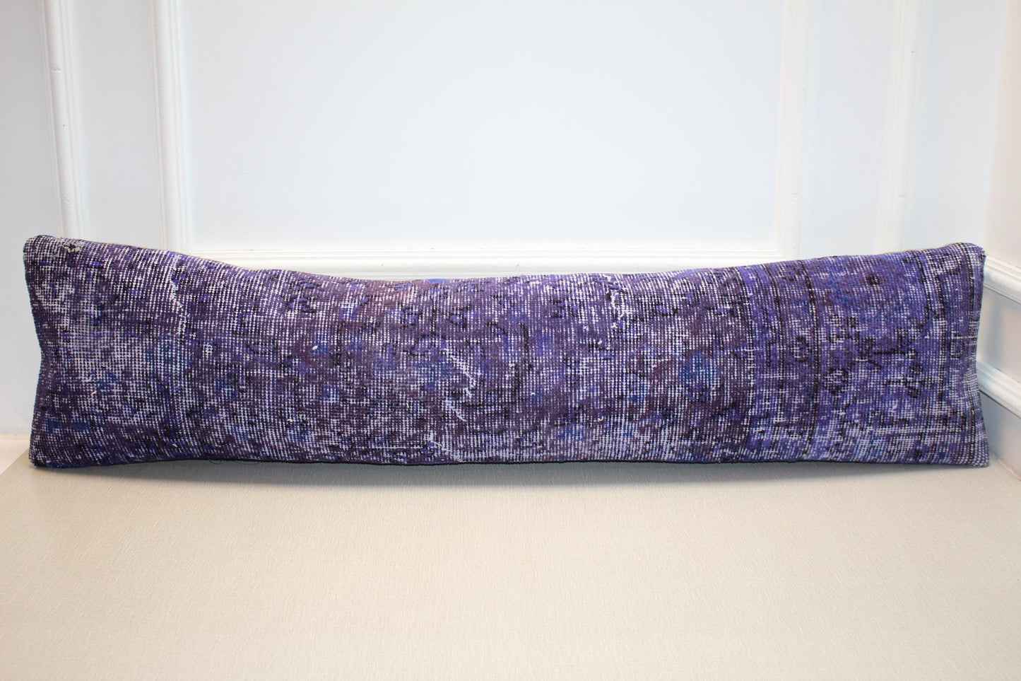 Vintage Turkish Kilim Lumbar Pillow Cover – Purple Navy Boho Rug Cushion (12x48)