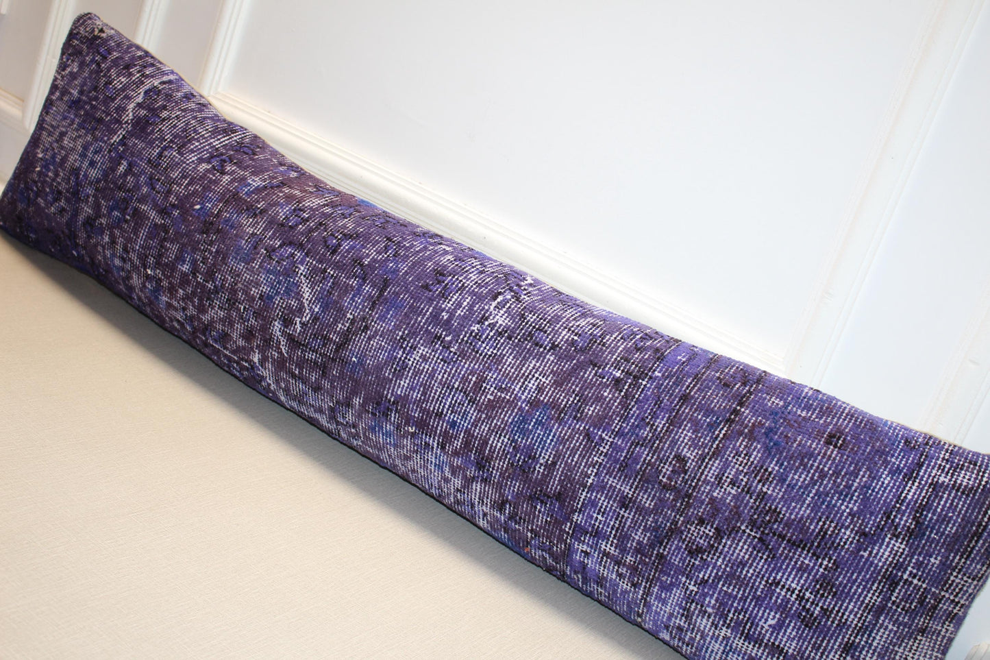 Vintage Turkish Kilim Lumbar Pillow Cover – Purple Navy Boho Rug Cushion (12x48)