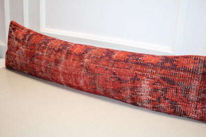 Lumbar Pillow Cover – Distressed Red & Maroon Kilim Long Cushion, Boho Decorative Sofa Pillow